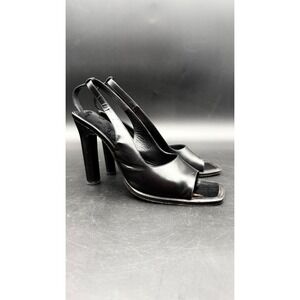 Gucci Black Leather Square Open Toe Slingback High Heel Sandals Made in Italy 7B